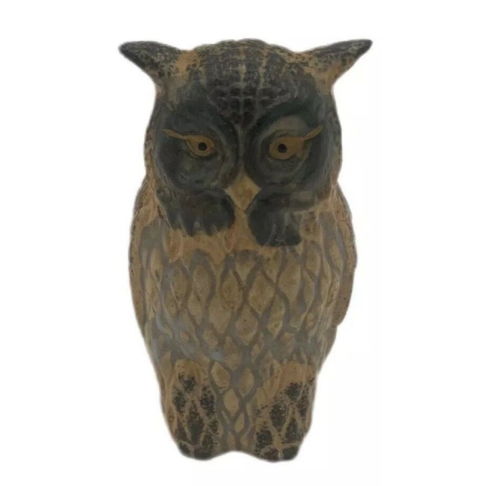 Vintage Ceramic Owl Figurine Made In Japan 6 Inch Tall Bird Brown Carved Chest